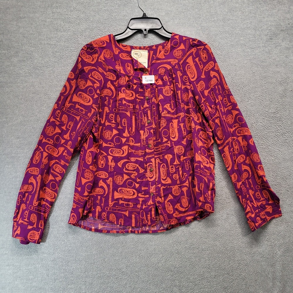 Anthropologie Women Top 4 Pink Conversations Blouse Woodwind Brass Saxophone